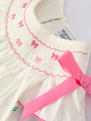 Fall White Girls Dress with Pink Bow Embroidery
