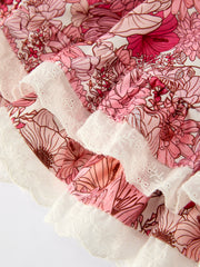 Fall Sweet Floral Pattern Dress with Pockets and Ruffle Hem for Girls