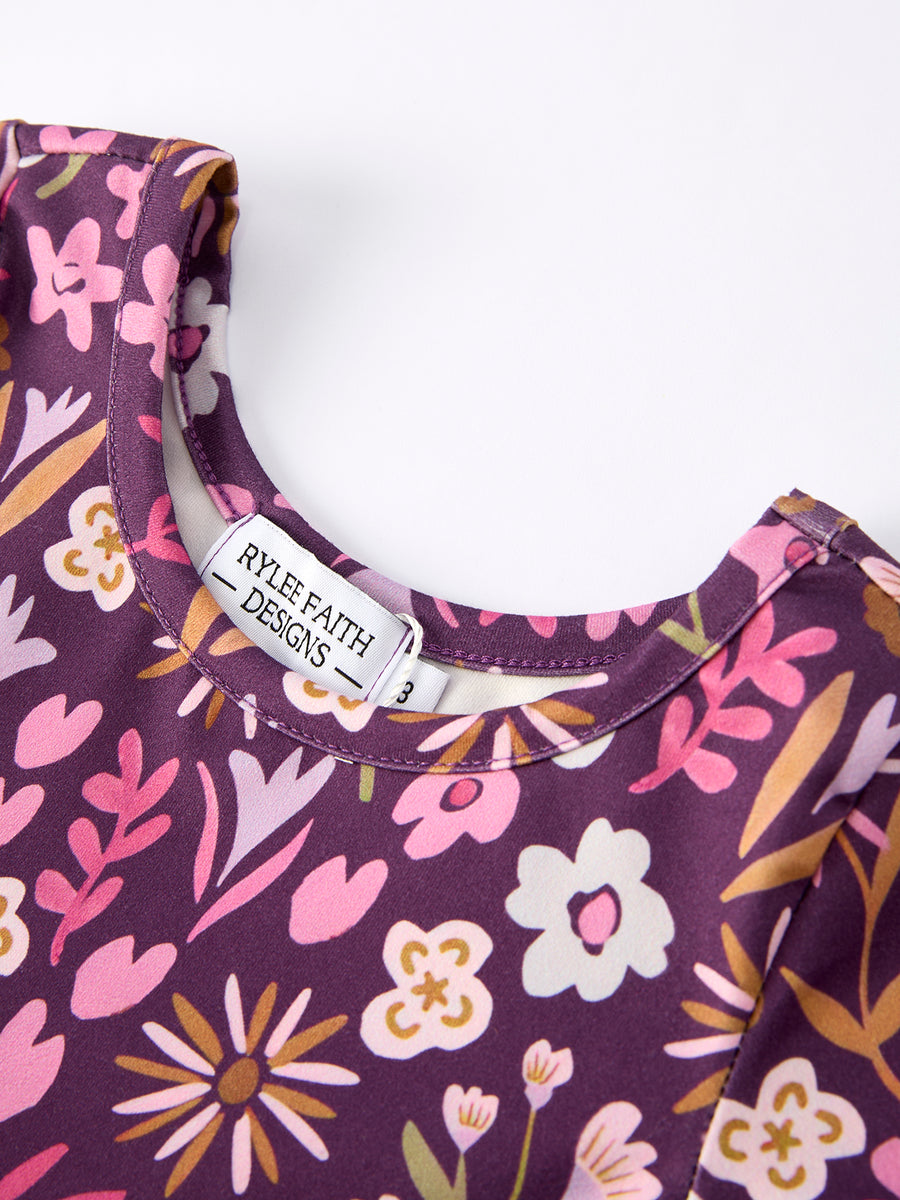 Retro Floral Print Short Sleeve  Girls Dress  with Pockets
