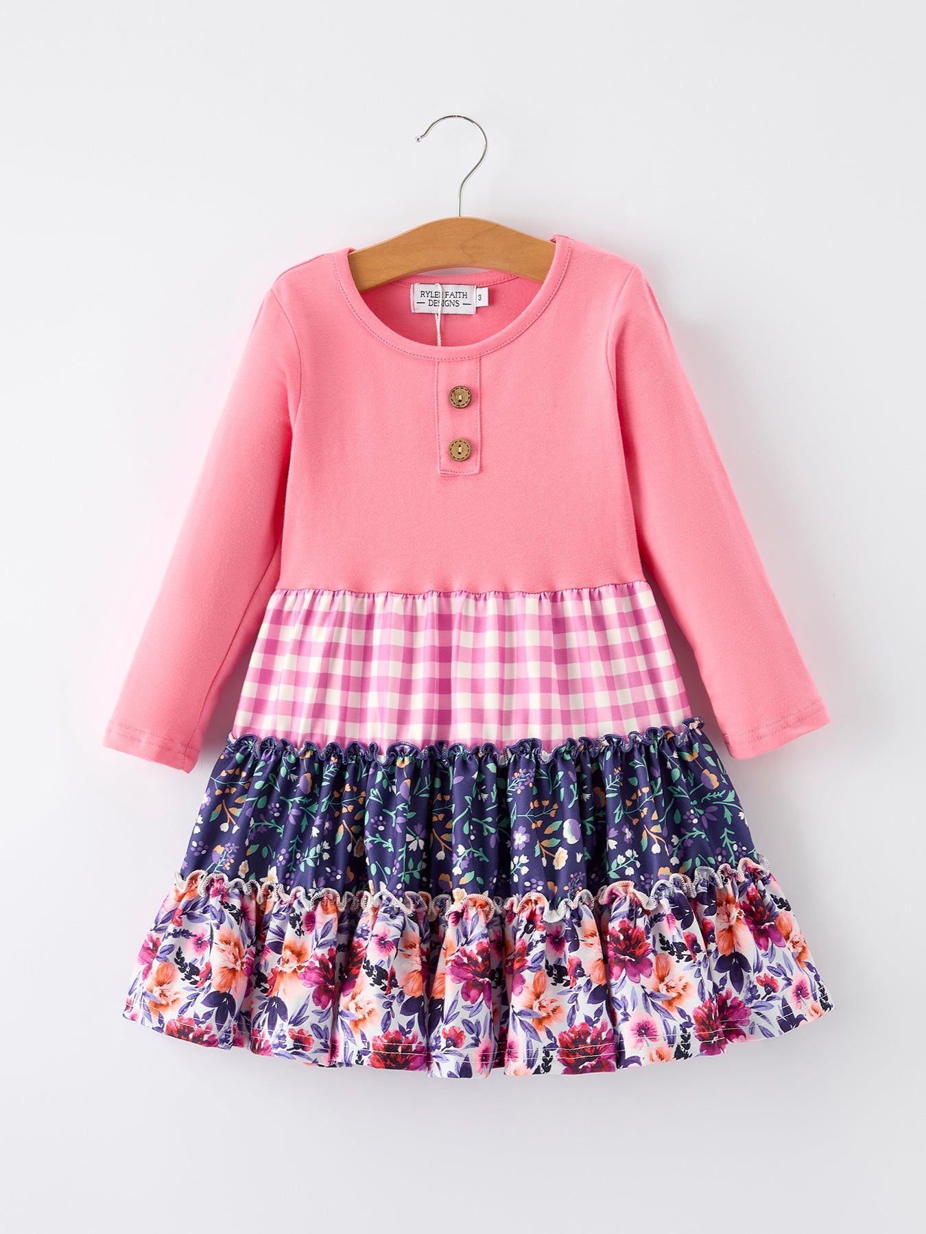 girls long sleeve floral dress Pink Autumn Patchwork Floral & Plaid Long Sleeve Girls Dress 3