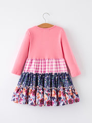 Pink Autumn Patchwork Floral & Plaid Long Sleeve Girls Dress