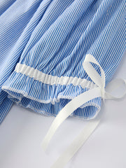 Girls Dress – Blue Striped Smocked Outfit with Short Sleeves