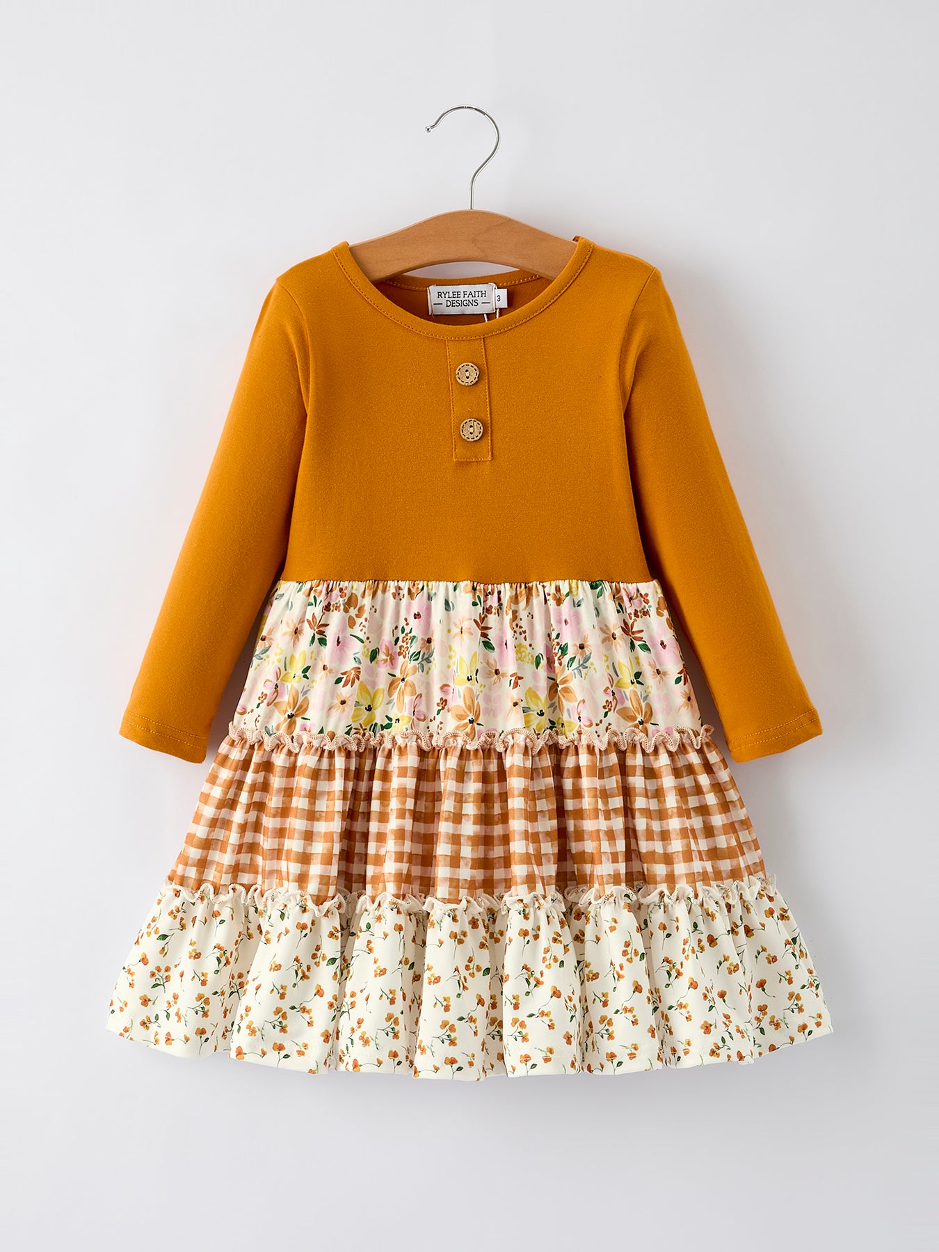 Autumn Patchwork Floral & Plaid Long Sleeve Girls Dress 6