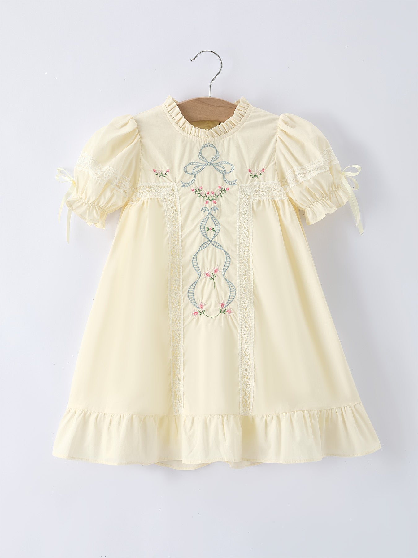 Embroidered Lace Girls' Short-sleeved Dress 5 / Beige