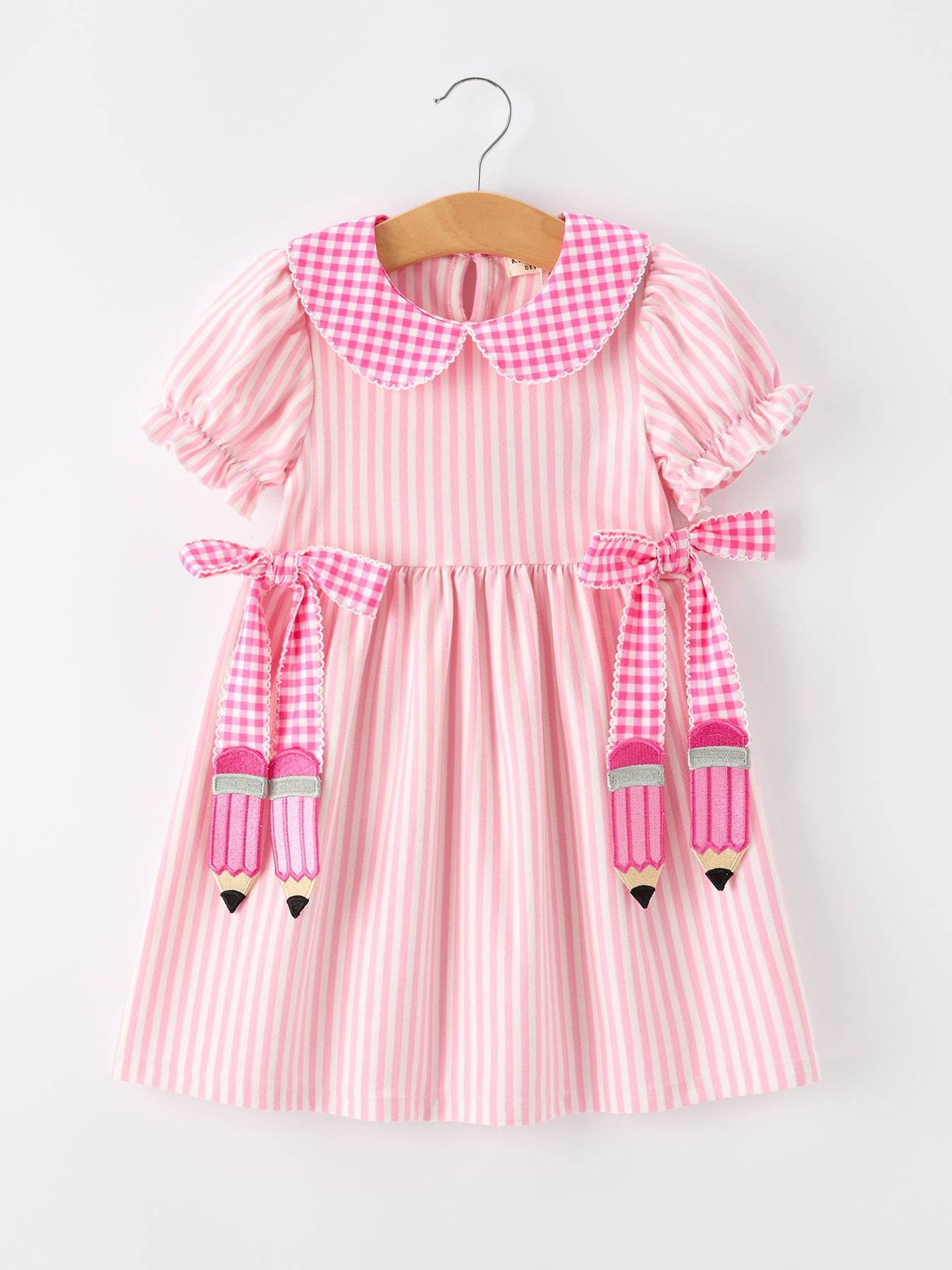 Girls Back To School Pink Plaid Petals Collar Pencil Applique Dress – Rylee  Faith Designs