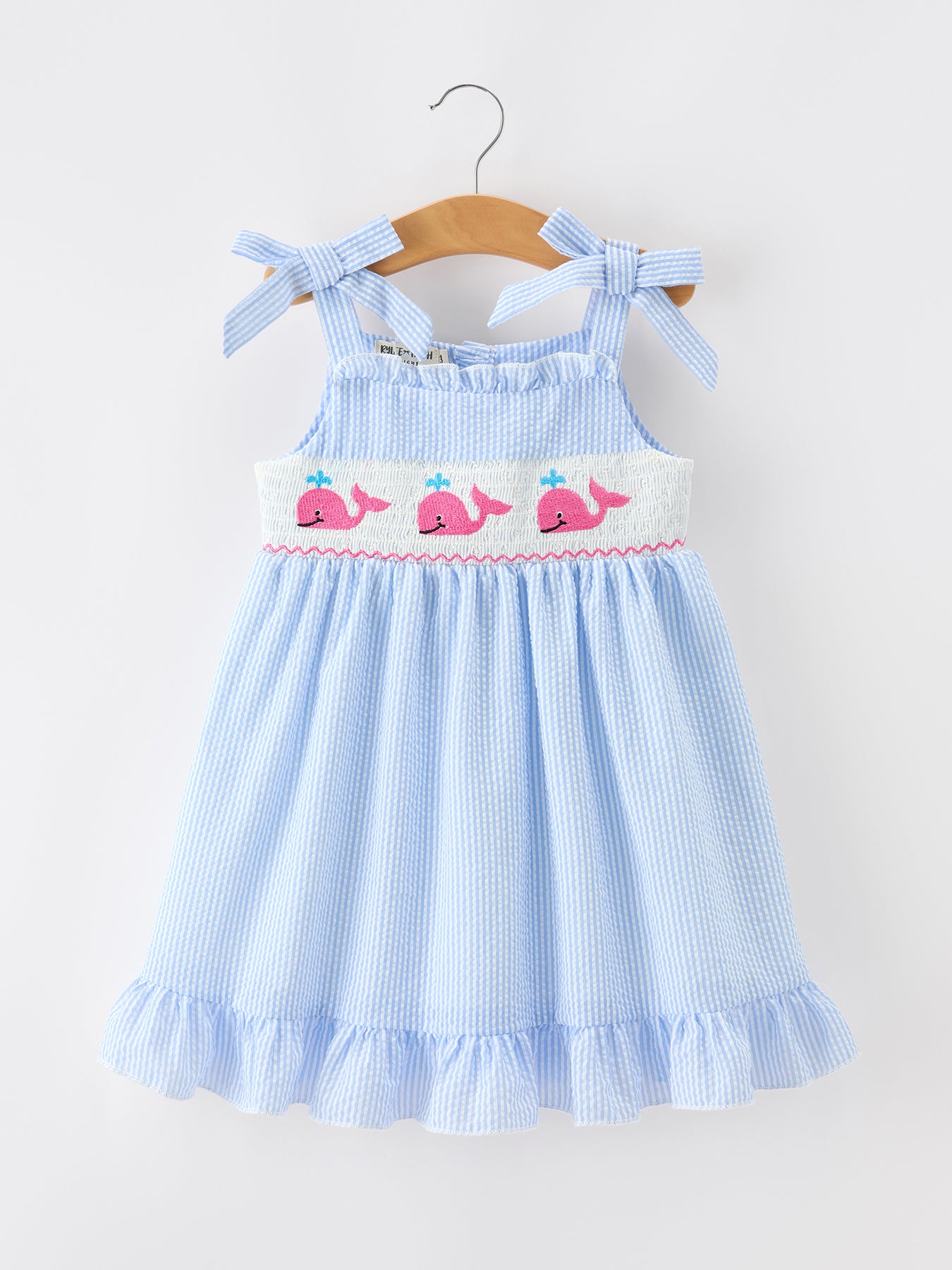 girls smocked dresses Whale Embroidered Smocked Seersucker Girls Dress Bow 4