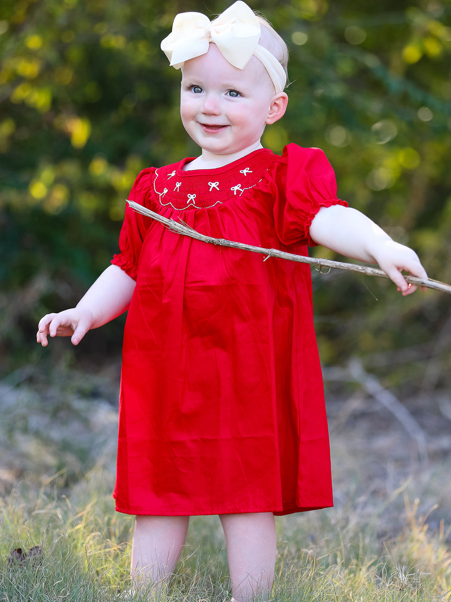 Girls Bow Smocking Embroidered Red Dress