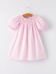 White Bow Smock Embroidered Pink Dress
