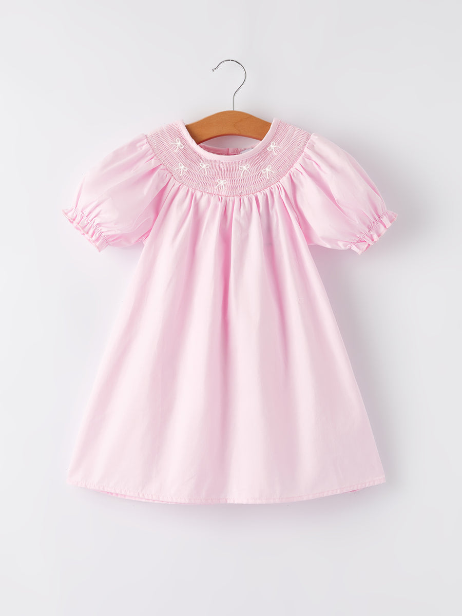 White Bow Smock Embroidered Pink Dress