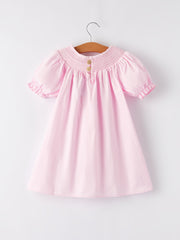 White Bow Smock Embroidered Pink Dress