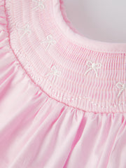 White Bow Smock Embroidered Pink Dress