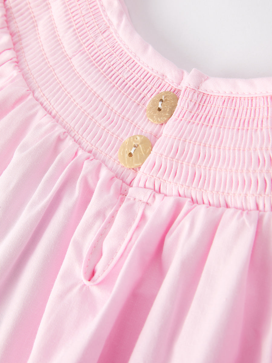 White Bow Smock Embroidered Pink Dress