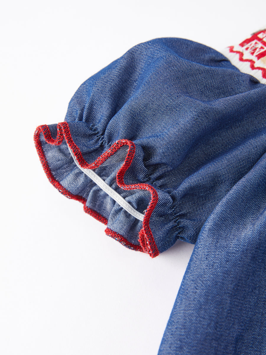 Girls Farm Smocking Embroidered Blue Romper