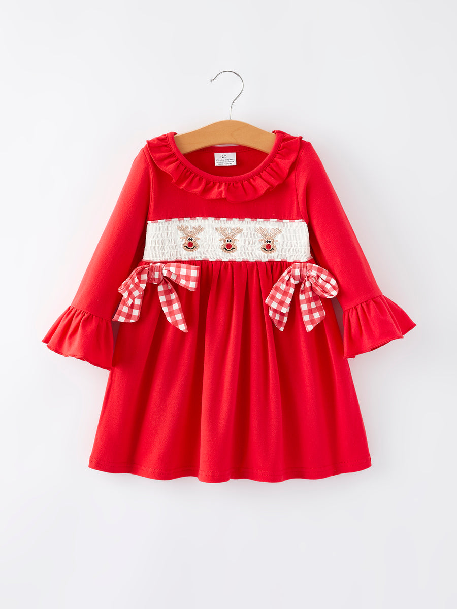 Christmas Bow Red Smocking Reindeer Embroidery Girls Dress