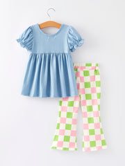 Girls Cartoon Print Checkerboard Pants Outfit Set