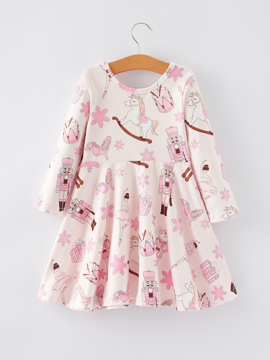 Christmas Character White Horse Print Girls Dress