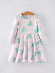 Christmas Tree Bow Print Girls Dress