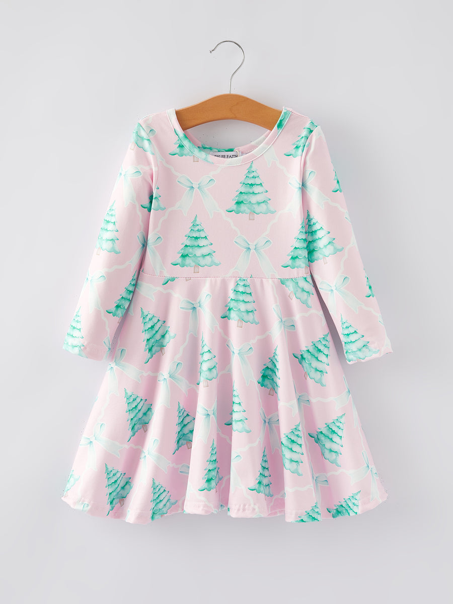 Christmas Tree Bow Print Girls Dress