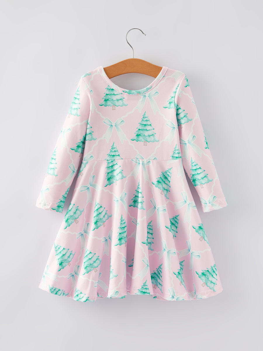 Christmas Tree Bow Print Girls Dress