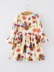 Thanksgiving Turkey Print Girls Dress