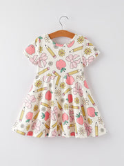 Back to School Apple, Pencil, and Floral Print Girls Dress