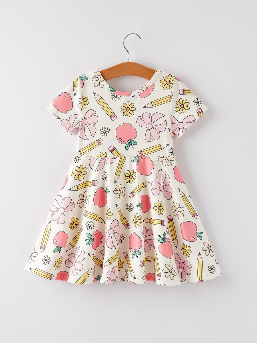 Back to School Apple, Pencil, and Floral Print Girls Dress