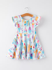 Girls Fish Print Fly Sleeve White Dress