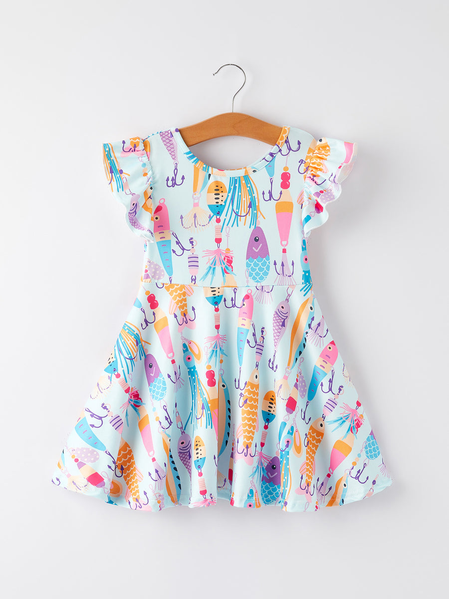 Girls Fish Print Fly Sleeve White Dress