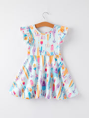 Girls Fish Print Fly Sleeve White Dress