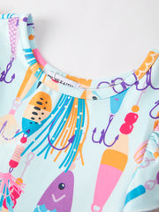 Girls Fish Print Fly Sleeve White Dress