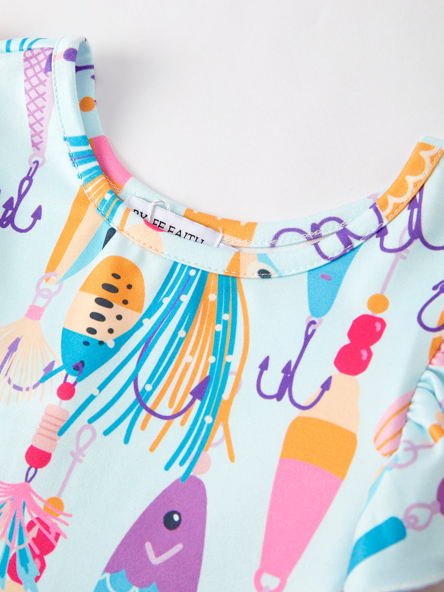 Girls Fish Print Fly Sleeve White Dress