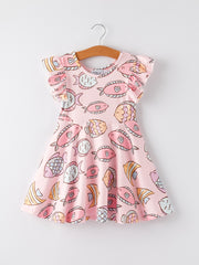 Girls Fish Print Fly Sleeve Dress