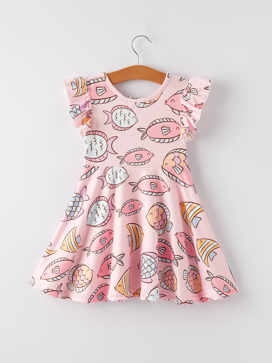 Girls Fish Print Fly Sleeve Dress