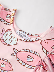 Girls Fish Print Fly Sleeve Dress
