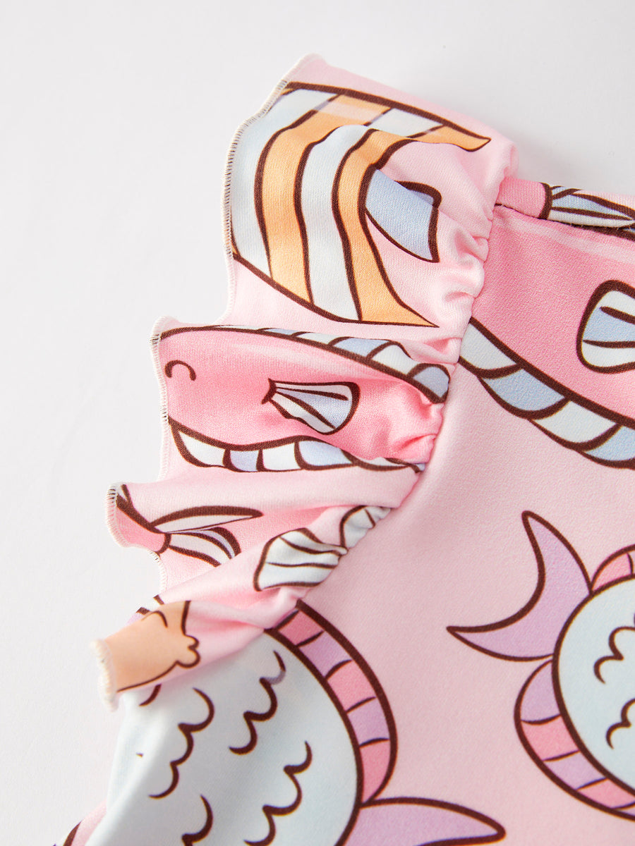 Girls Fish Print Fly Sleeve Dress