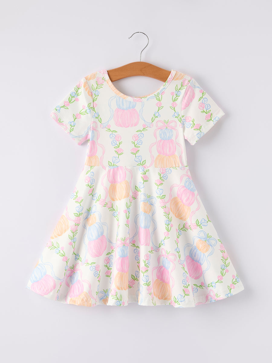 Fall Thanksgiving Pumpkin Bow Print Girls Dress