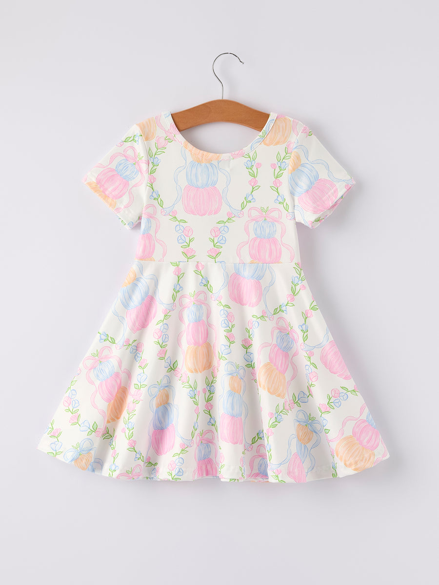 Fall Thanksgiving Pumpkin Bow Print Girls Dress