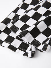 Girls Black and White Check Print Elastic Flared Jeans