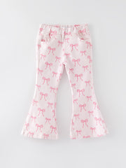 Fall Girls Pink Bow Print Elastic Flared Jeans Denim pant