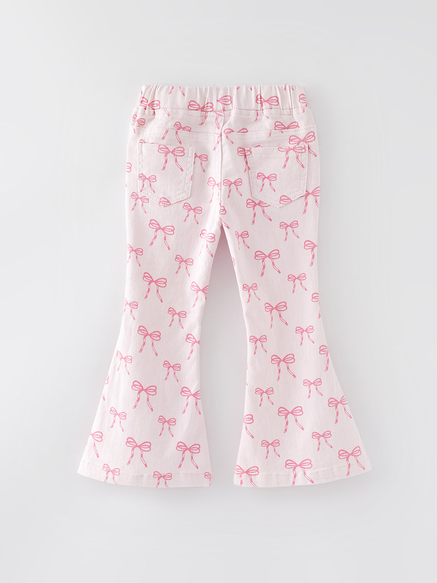 Fall Girls Pink Bow Print Elastic Flared Jeans Denim pant