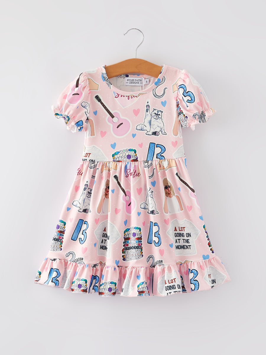 TS Guitar Cat Print Girls Milk Silk Dress