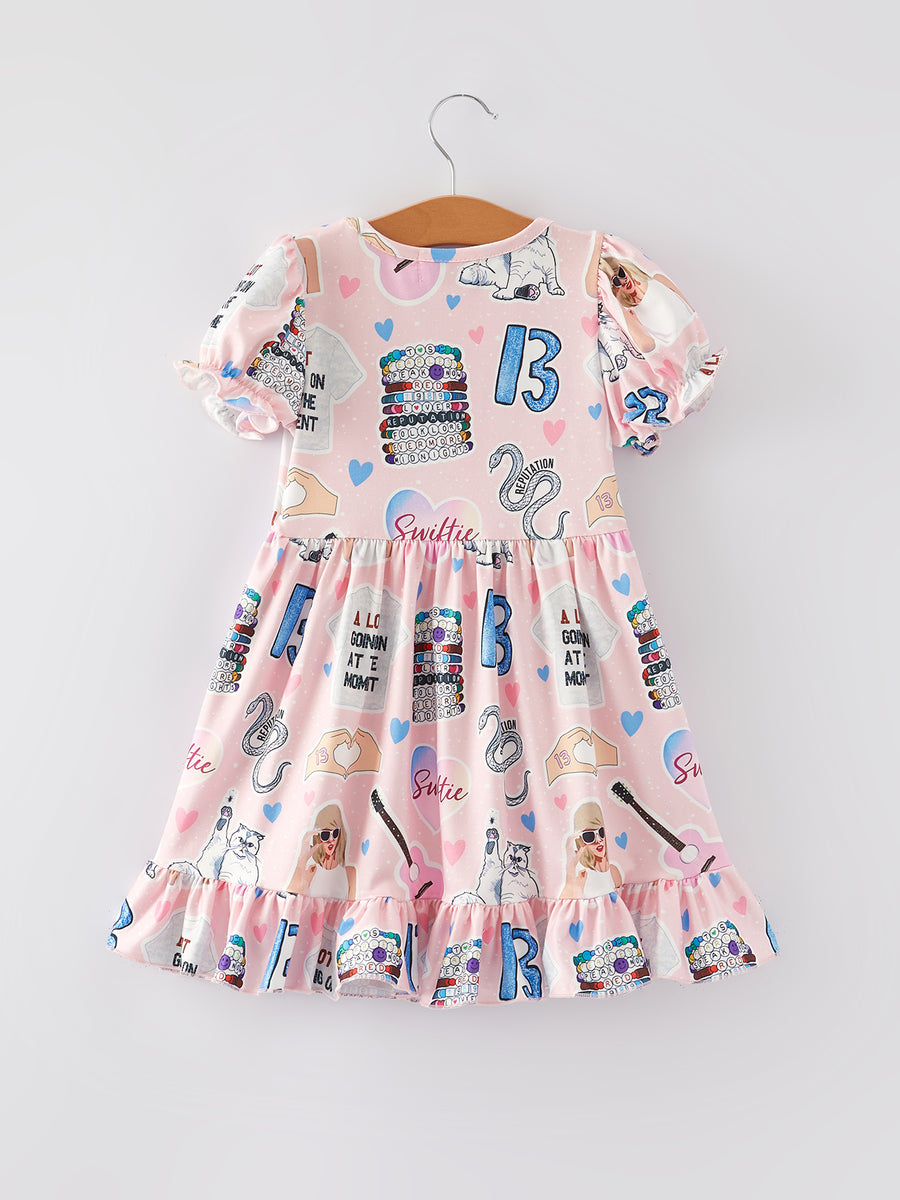 TS Guitar Cat Print Girls Milk Silk Dress