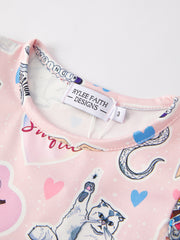 TS Guitar Cat Print Girls Milk Silk Dress