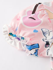 TS Guitar Cat Print Girls Milk Silk Dress