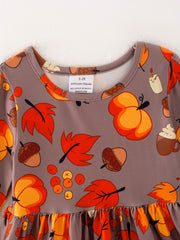 Fall Autumn Leaves Pine Cone Stripe Print Girls Dress