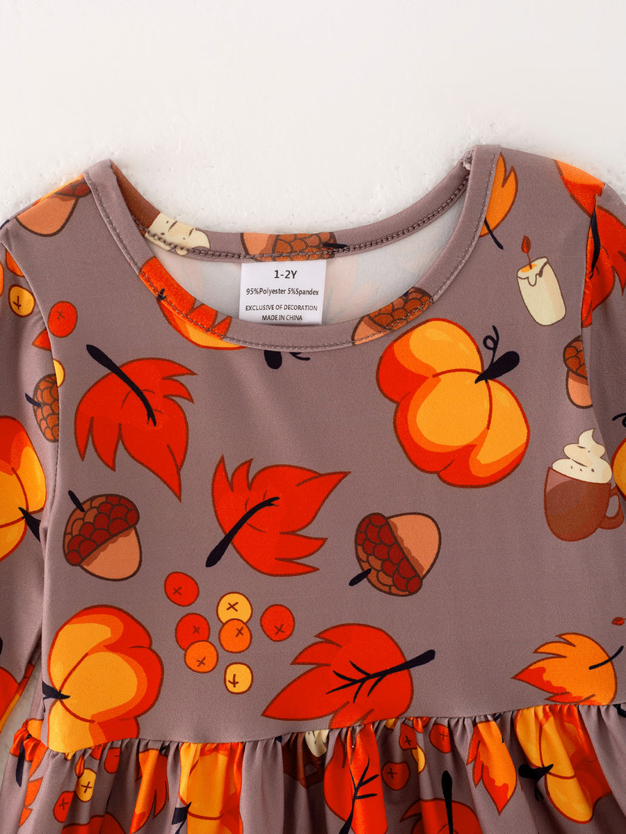 Fall Autumn Leaves Pine Cone Stripe Print Girls Dress