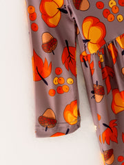 Fall Autumn Leaves Pine Cone Stripe Print Girls Dress