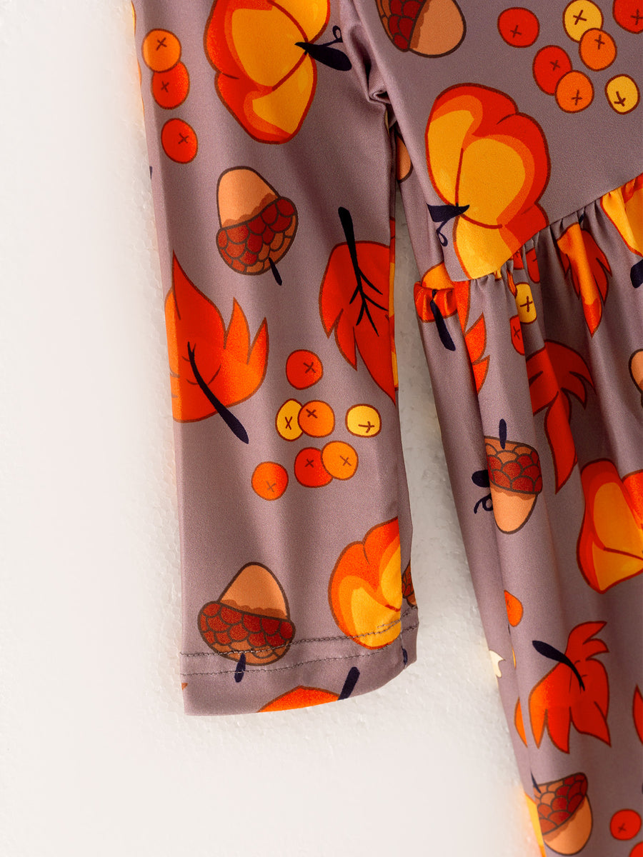 Fall Autumn Leaves Pine Cone Stripe Print Girls Dress