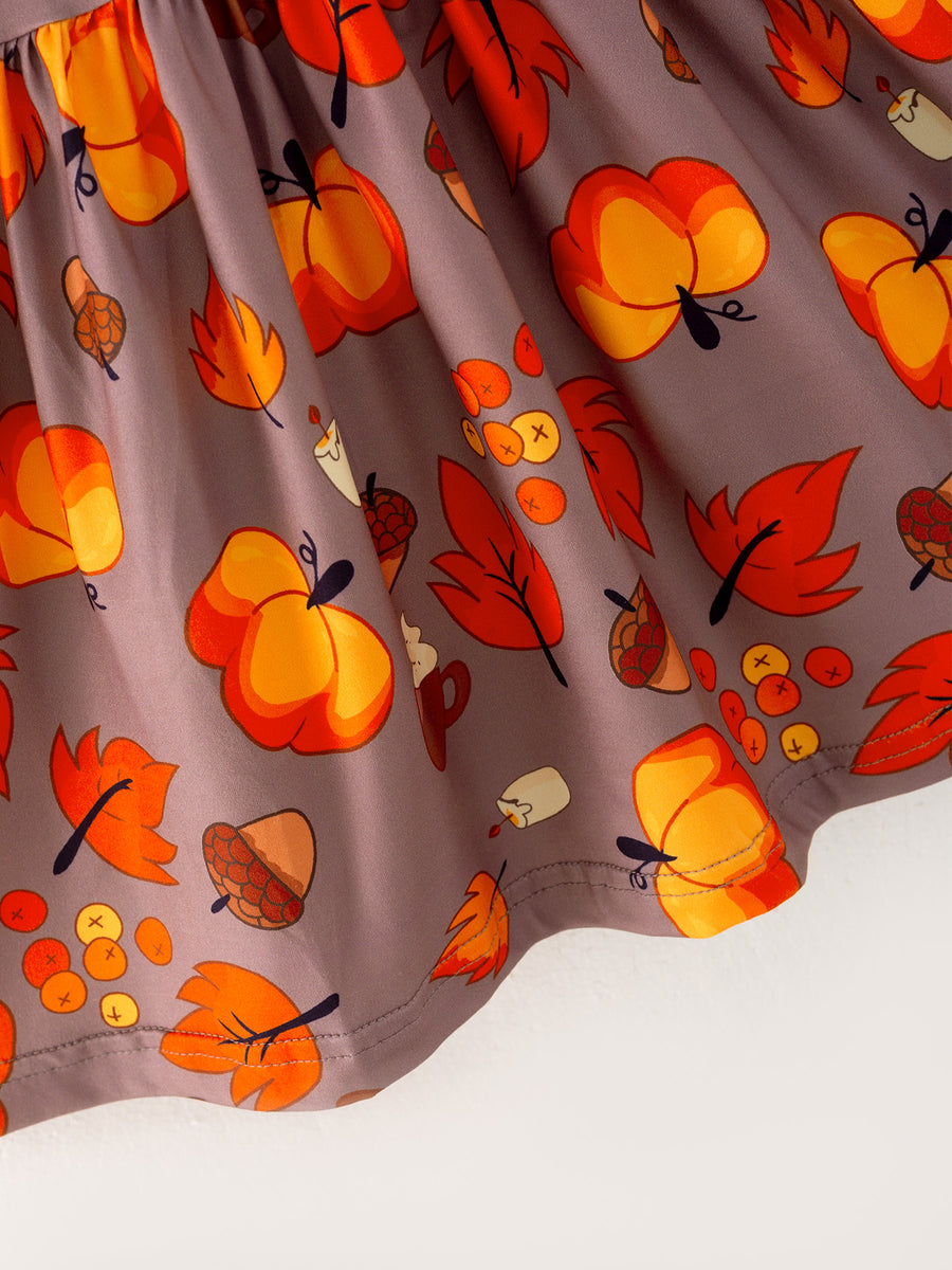 Fall Autumn Leaves Pine Cone Stripe Print Girls Dress