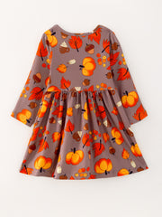 Fall Autumn Leaves Pine Cone Stripe Print Girls Dress